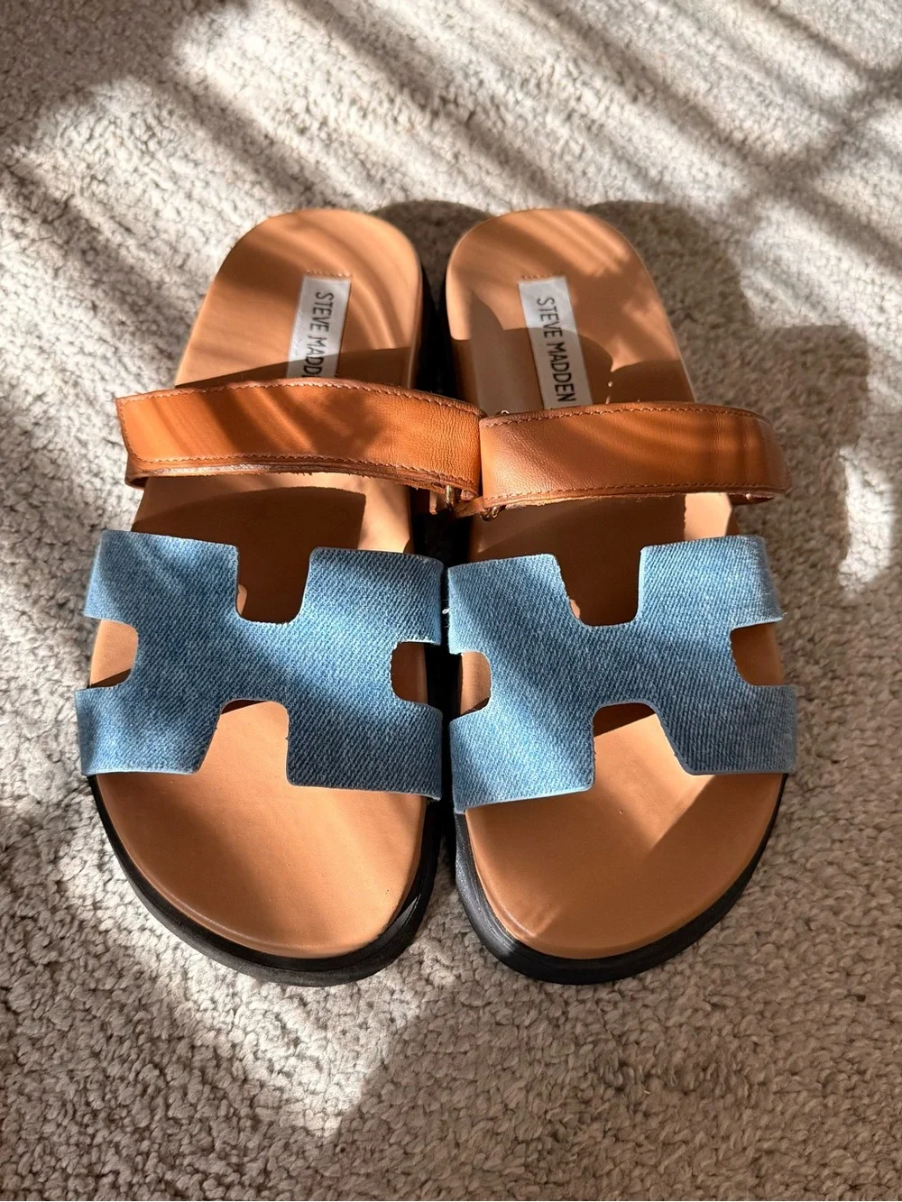 Steve Madden Denim Blue & Tan Leather Strap Slide Sandals